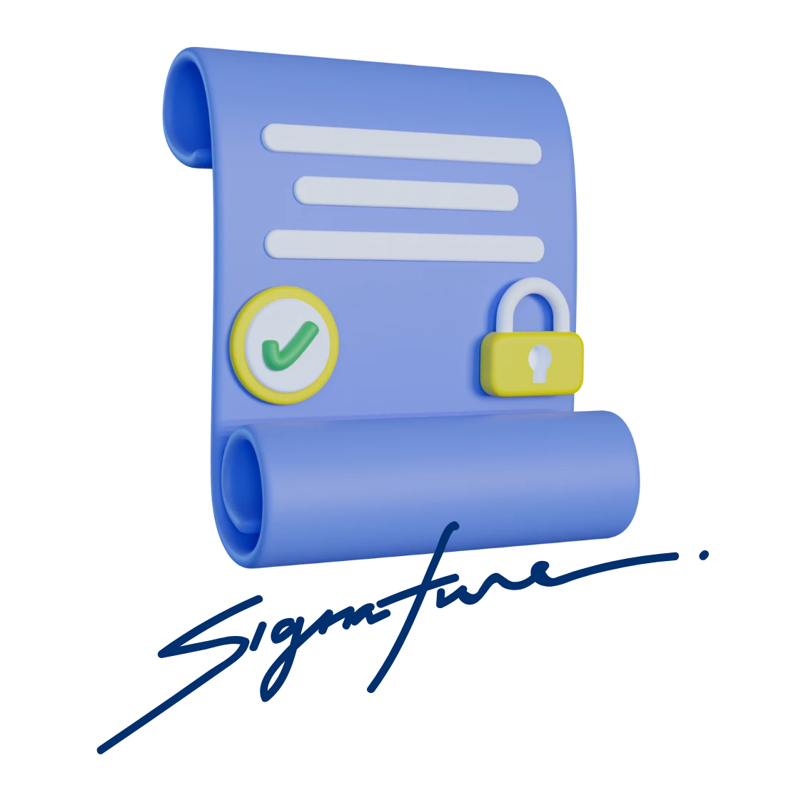 Illustration of a digital document with a checkmark, lock icon, and signature, emphasizing On-Device Patient Consents—a feature of RCMS® that ensures secure and convenient consent management directly from the patient's device.