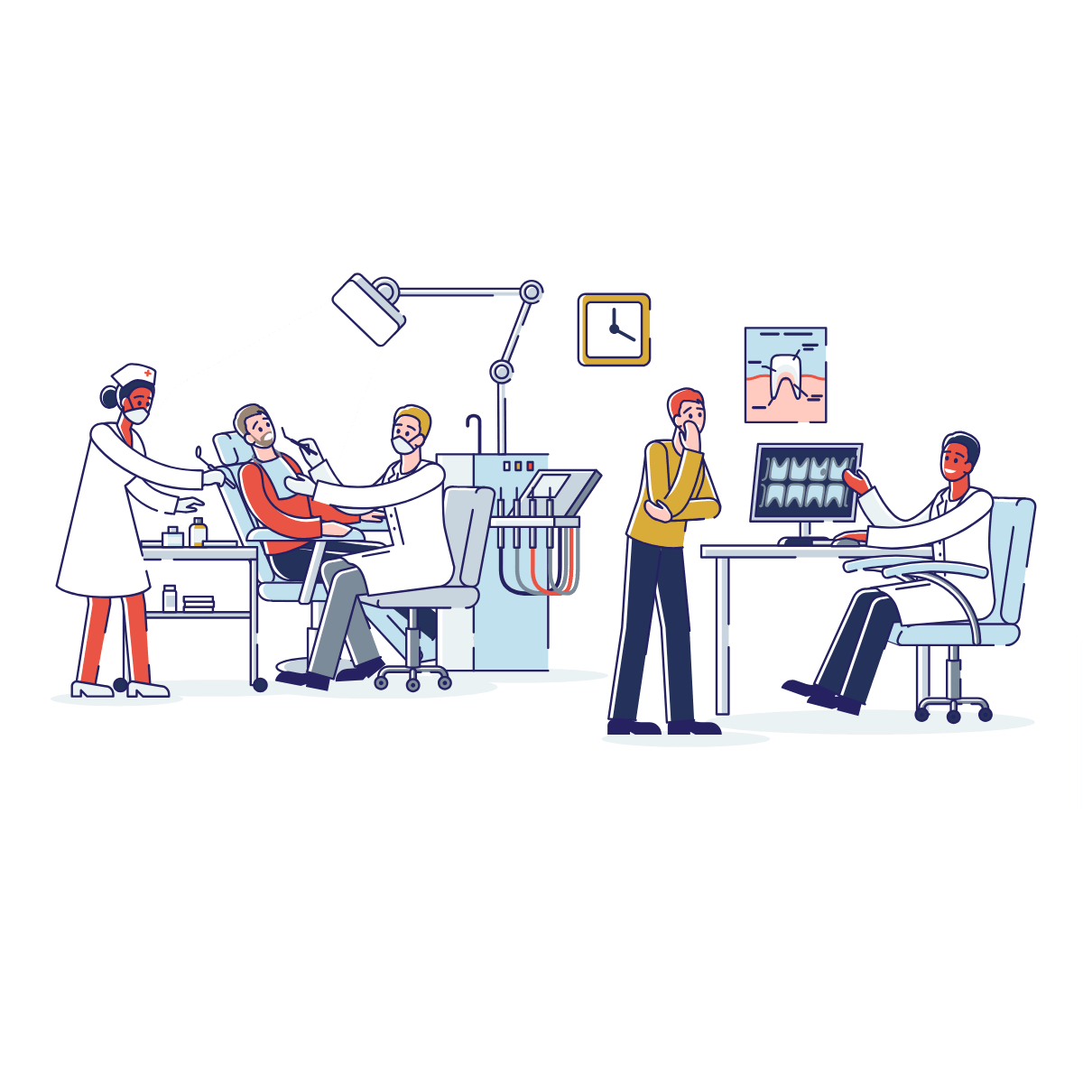 Illustration of a modern dental clinic featuring a dentist treating a patient under a large examination light, assisted by a nurse. Another dentist is explaining dental X-ray results to a concerned patient. The scene showcases advanced dental equipment and a professional healthcare environment, representing RCMS® as a comprehensive dental clinic management solution.