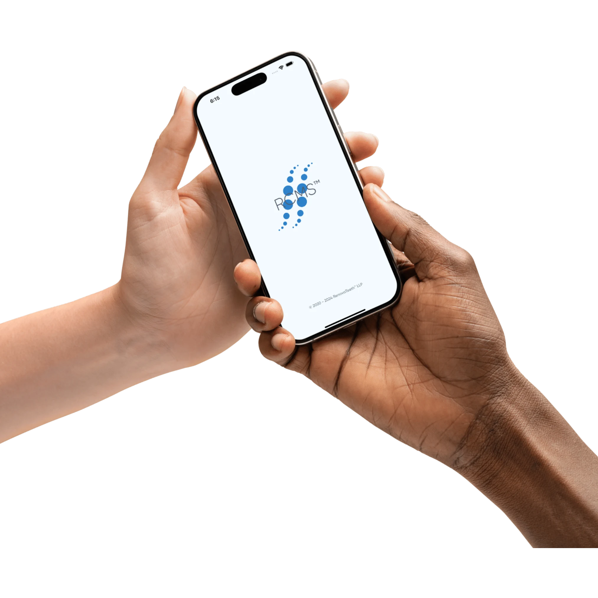 Two hands holding a smartphone displaying the RCMS® logo, emphasizing the mobile-first nature of RCMS® with the tagline “DENTISTRY AT YOUR FINGERTIPS - Revolutionize Your Dental Management.